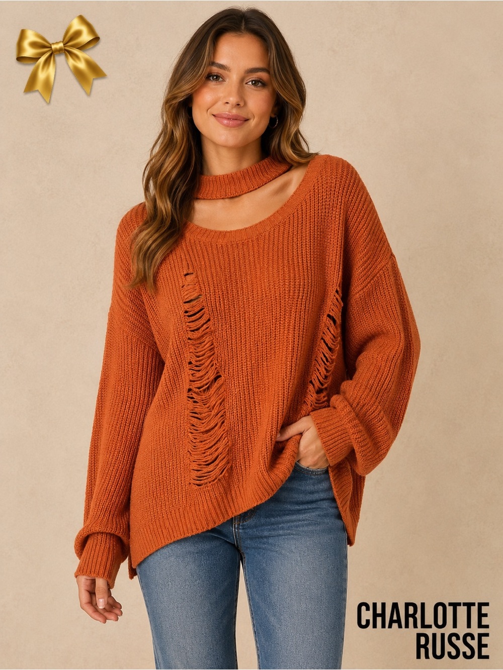 Charlotte Russe Distressed Chunky Knit Sweater With Choker Strap – Medium